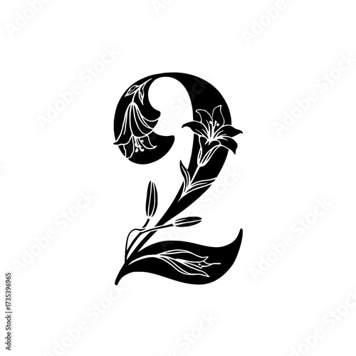Floral Number 2 Design with Elegant Lily Flowers and Leaves, Stylized black number 2 beautifully decorated with blooming lily flowers and graceful leaves. This elegant botanical design 
