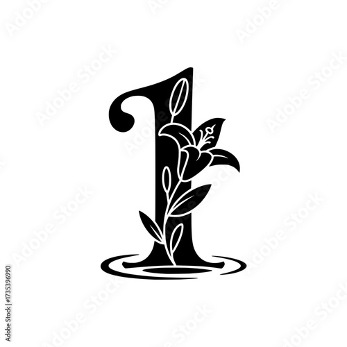 Floral Number 1 Design with Elegant Lily Flower Decoration, Artistic black number 1 illustration adorned with a blooming lily and delicate leaves, creating a graceful floral design. 
