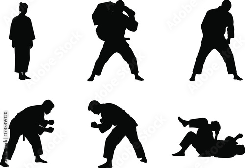 Silhouette martial arts poses, judo throw, jiu jitsu grappling, ground control, martial training,