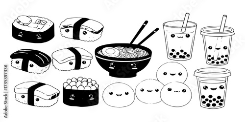 Adorable kawaii-style illustrations of various Japanese foods and drinks, including sushi, ramen, mochi, and bubble tea.
