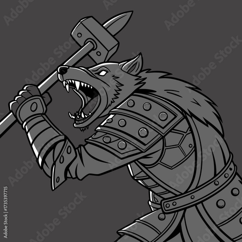 Ferocious Wolf Warrior in Armor Wielding a Hammer