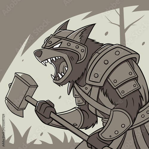 A Ferocious Dog Warrior Heavily Armored Wielding a Hammer