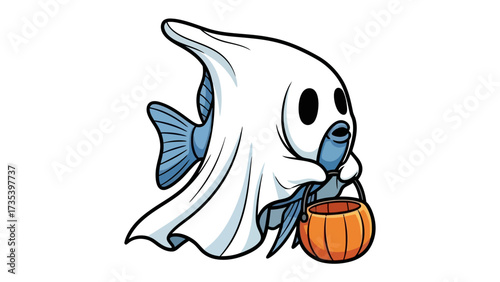 Spooky Fish: A whimsical cartoon of a fish playfully dressed as a ghost, perfect for Halloween, clutching a pumpkin-shaped treat bucket.