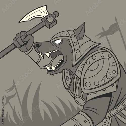 A Ferocious Dog Warrior Armored, and Wielding an Axe with Menacing Fury
