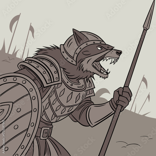 Ferocious Dog Warrior in Armor Wielding a Spear on the Battlefield