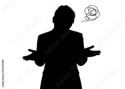 両手を広げ首をすくめる男性性  困った お手上げポーズのサラリーマンのシルエット 上半身正面のイラスト