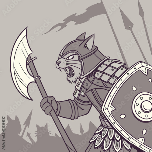 Ferocious Feline Warrior A Cat Armored for Battle, Wielding an Axe