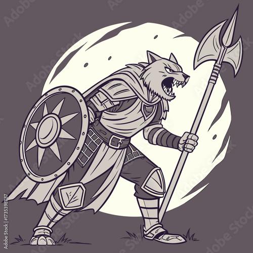 Fierce Feline Warrior An Armored Cat Wielding a Poleaxe in a Fantasy Battle Stance