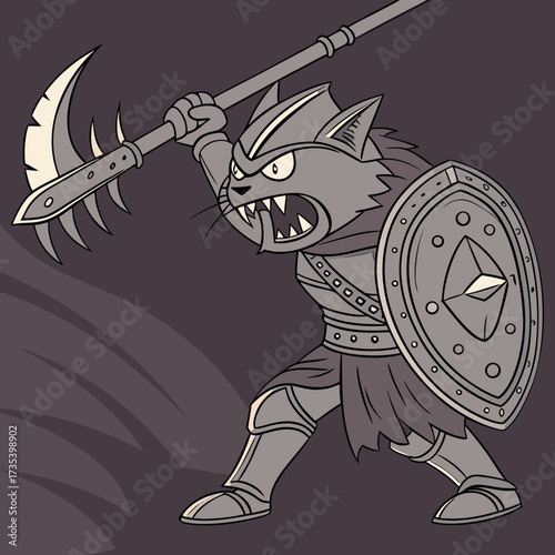 Ferocious Feline Warrior Armored Cat Wielding a Spear Ready for Battle