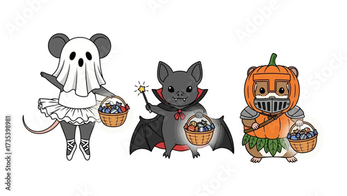 Spooky Costume Characters: Three enchanting costume characters, each with a unique Halloween costume, playfully show off their trick-or-treat baskets full of goodies against an imaginative scene.