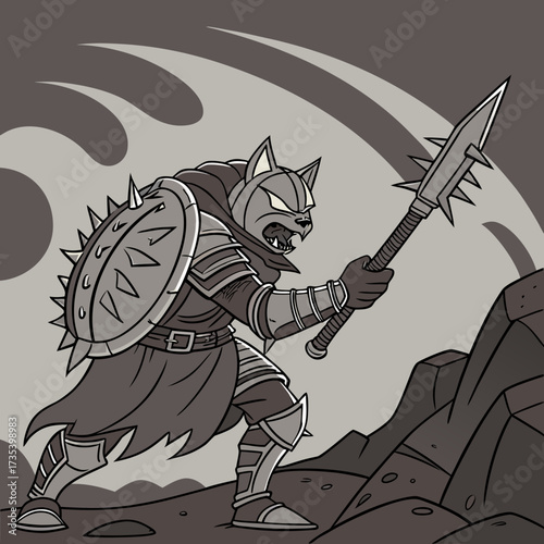 Cat Warrior Fierce Feline Armored for Battle with Spiked Mace