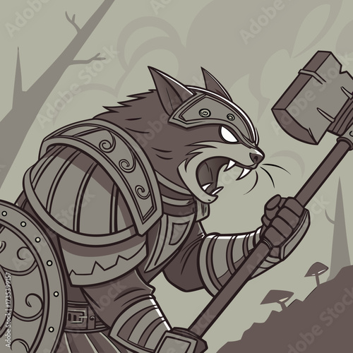 Ferocious Armored Cat Warrior Wielding a Hammer in Fantasy Landscape