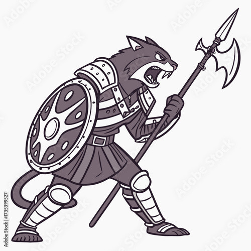 A Ferocious Cat Warrior Armored and Heavily Wielding a Spear and Shield, Ready for Battle