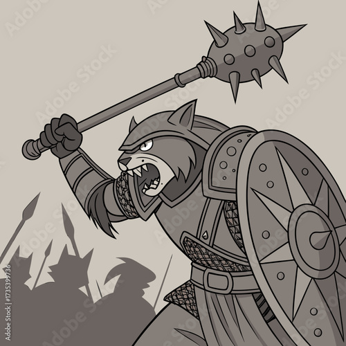 Ferocious Feline Warrior Armored Cat Wielding a Mace