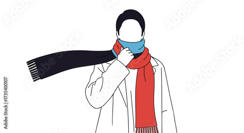 Stylized fashion illustration showcasing a person layering scarves for warmth and stylishness in cooler weather drawing