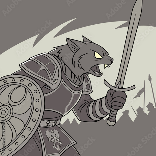 A heavily armored, ferocious feline warrior stands ready for battle, wielding a mighty sword and shield amidst a distant conflict, showcasing strength and determination for epic fantasy adventures