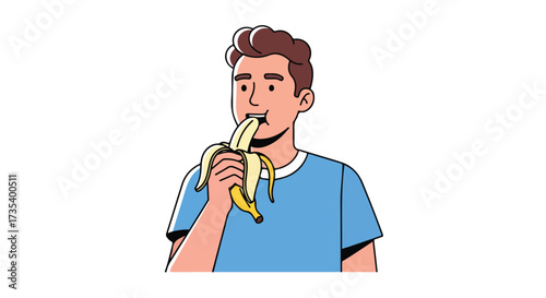 A contented cartoon man enjoys a healthy snack, peeling a banana, isolated on a white background, illustrating a healthy habit and lifestyle choice