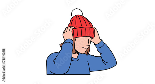 Cartoon illustration of a girl wearing a red knit hat with a pompom in a cold weather setting, emphasizing warmth and style for winter and autumn