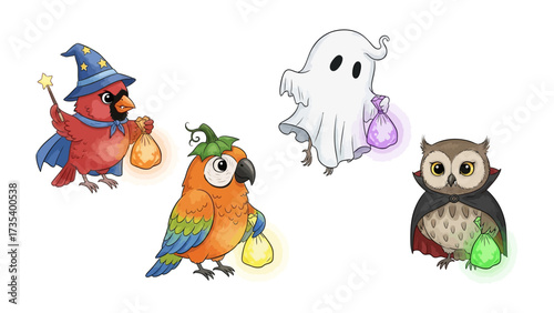 Enchanted Gathering: A delightful illustration showcases a charming quartet of whimsical creatures adorned in Halloween costumes, bringing a touch of enchantment and fantasy to the scene.