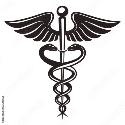Stylized Black Caduceus Medical Emblem with Wings and Serpents on White Background medical symbol