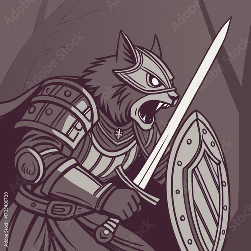 Fierce Cat Warrior An Illustration of a Heavily Armored Feline Wielding a Sword and Shield
