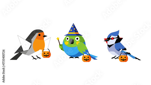 Halloween Birds: A delightful trio of avian characters in festive costumes, including a robin, a parrot with wizard hat, and a blue jay. Celebrating the spirit of Halloween.