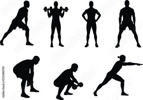 Silhouette fitness exercises, dumbbell workout, squat posture, lunge stretch, strength training,