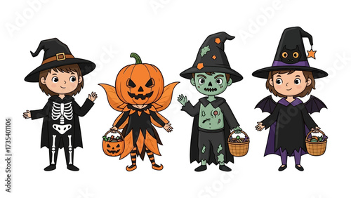 Halloween Characters Collection: a set of cheerful characters dressed up in their spooky best and ready to bring festive cheer. with creative attire and baskets for treats.