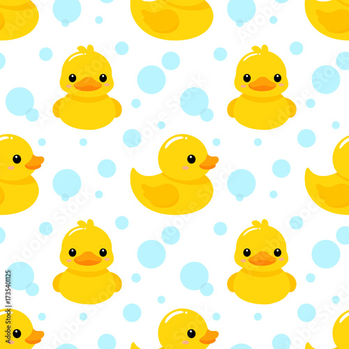 Cute rubber ducky with bubble seamless pattern for background 