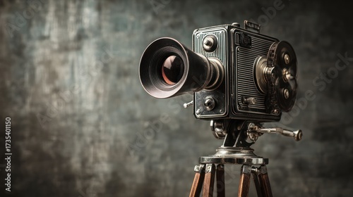 Vintage Film Camera on Tripod with Mysterious Background Texture