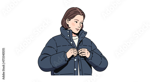Illustration of a woman in a winter puffer jacket, buttoning up for warmth during colder weather, depicted in a modern, minimalist style