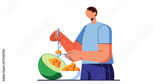 Man preparing a delicious melon dessert with melon ball scoop, healthy food preparation moment, colorful graphic illustration art