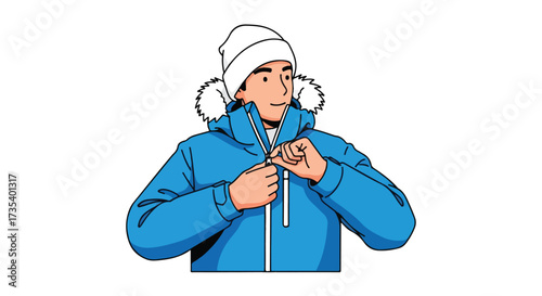 Winter apparel cartoon character fastening a bright blue coat with a white fluffy hood and a knitted hat to withstand the harsh cold conditions