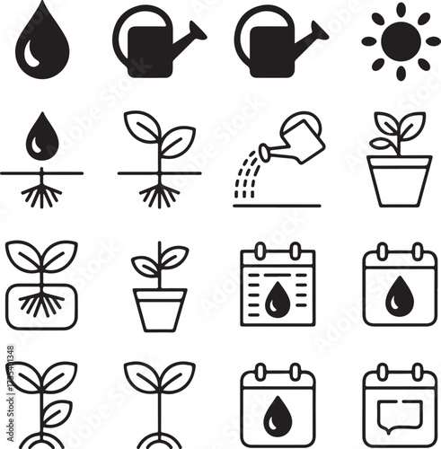 Set of nine line art plant watering icons with transparent background watering can spray bottle