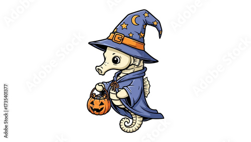Wizard Seahorse: A charming and whimsical illustration of a seahorse dressed as a wizard, ready to cast a magical spell. Equipped with a wizard's hat and robe and a pumpkin basket. 