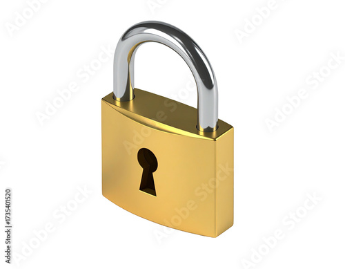 Isometric view of a polished, golden padlock with a silver shackle, black backdrop