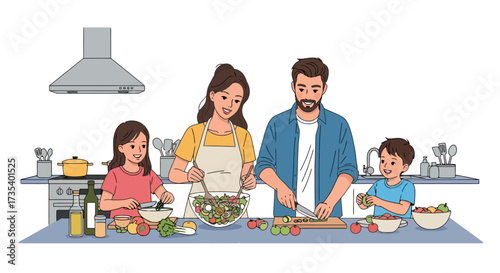 Happy family preparing a healthy meal together in a modern kitchen, showcasing togetherness and promoting wholesome eating habits. Ideal for illustrating family life, cooking tutorials
