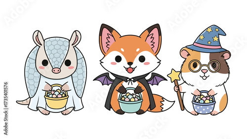 Halloween Critter Trio: Whimsical cartoon illustration of an armadillo, a fox, and a guinea pig, each decked out in charming costumes, collecting treats in a spooky, festive setting. 