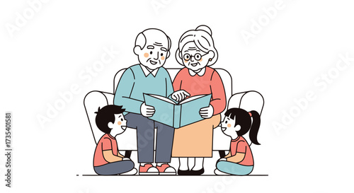 Heartwarming Illustration of Grandparents Reading to Grandchildren, Promoting Intergenerational Bonding and Family Values in Children's Literature