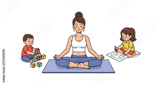 Serene Mother Meditating Amidst Children's Playtime, Promoting Mindfulness and Family Well-being for Parenting Blogs and Wellness Content.