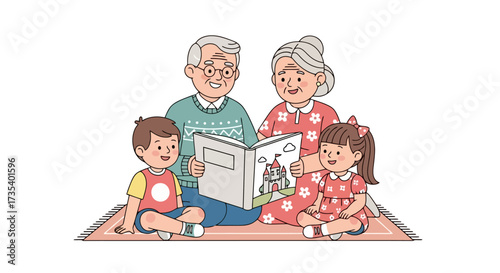 Charming Grandparents Sharing a Storybook Adventure with Their Grandchildren, Fostering Family Bonds and Early Childhood Education Through Interactive Reading Sessions