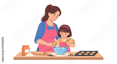 Mother and Daughter Baking Cookies Together in a Cozy Kitchen Setting, Illustrating Family Bonding and Shared Culinary Experiences for Content Marketing