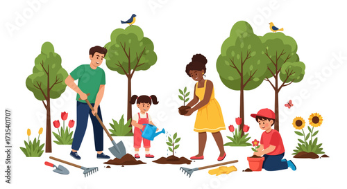 Joyful Family Planting Trees and Flowers in a Vibrant Garden Setting Promoting Environmental Awareness and Sustainable Living for Future Generations.