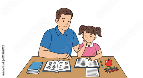 Loving Father Assists Daughter with Homework, Fostering Education and Family Bonding. Ideal for educational materials, parenting guides, and family lifestyle content.