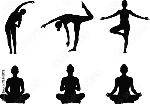 Silhouette yoga poses, meditation posture, dancer’s pose, tree pose, standing stretch, seated