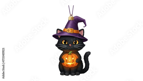 Spooky Cat and Pumpkin Ornament: A whimsical black cat, adorned with a witch hat, clutches a glowing pumpkin in its paws, exuding the playful spirit of Halloween