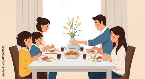 Warm family dinner illustration showcasing togetherness, conversation, and shared meals, perfect for promoting family values, healthy eating, and home-cooked meals