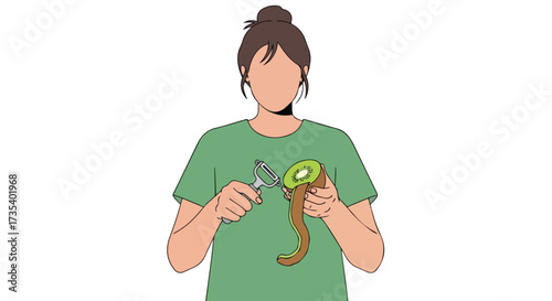 Faceless woman peeling a kiwi fruit with a swivel peeler in an isolated white background to prepare a healthy snack or recipe