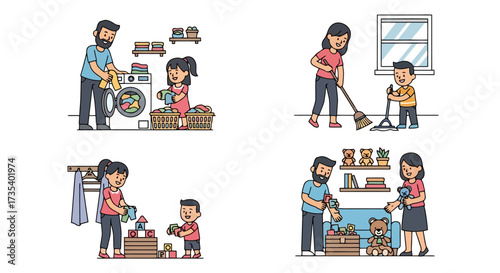 Illustrated family members engaging in various household chores and activities to promote family values and responsibilities in a clean and organized environment.
