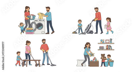 Family Engaged in Household Chores and Cleaning Activities, Emphasizing Teamwork and Shared Responsibility, Suitable for Illustrating Family Life and Home Management
